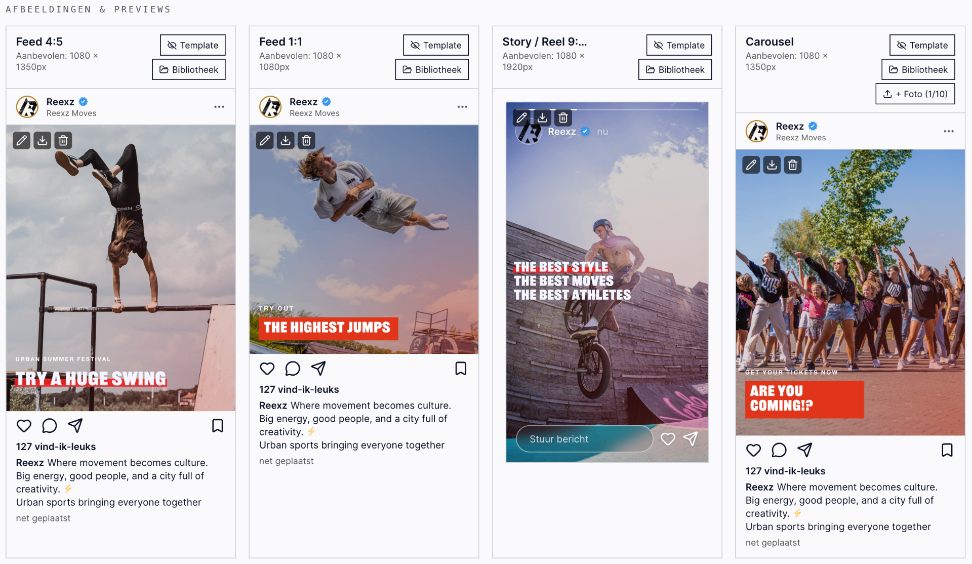 Overzicht in Puublr met previews voor Feed 4:5, Feed 1:1, Story 9:16 en Carousel